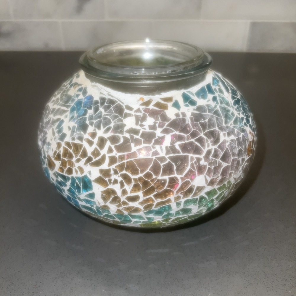 Scented Candle Holder Mosaic Glass Tea Light Holder,Handmade Green And Gold